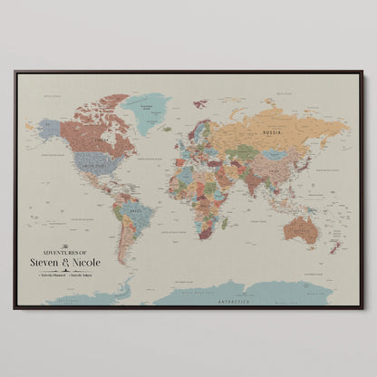 36424712-MGV-CV-36X24-Custom Push Pin World Map Print – Personalized Canvas Wall Art for Travel Memories, Framed Gift for Couples, Anniversaries, or Weddings
