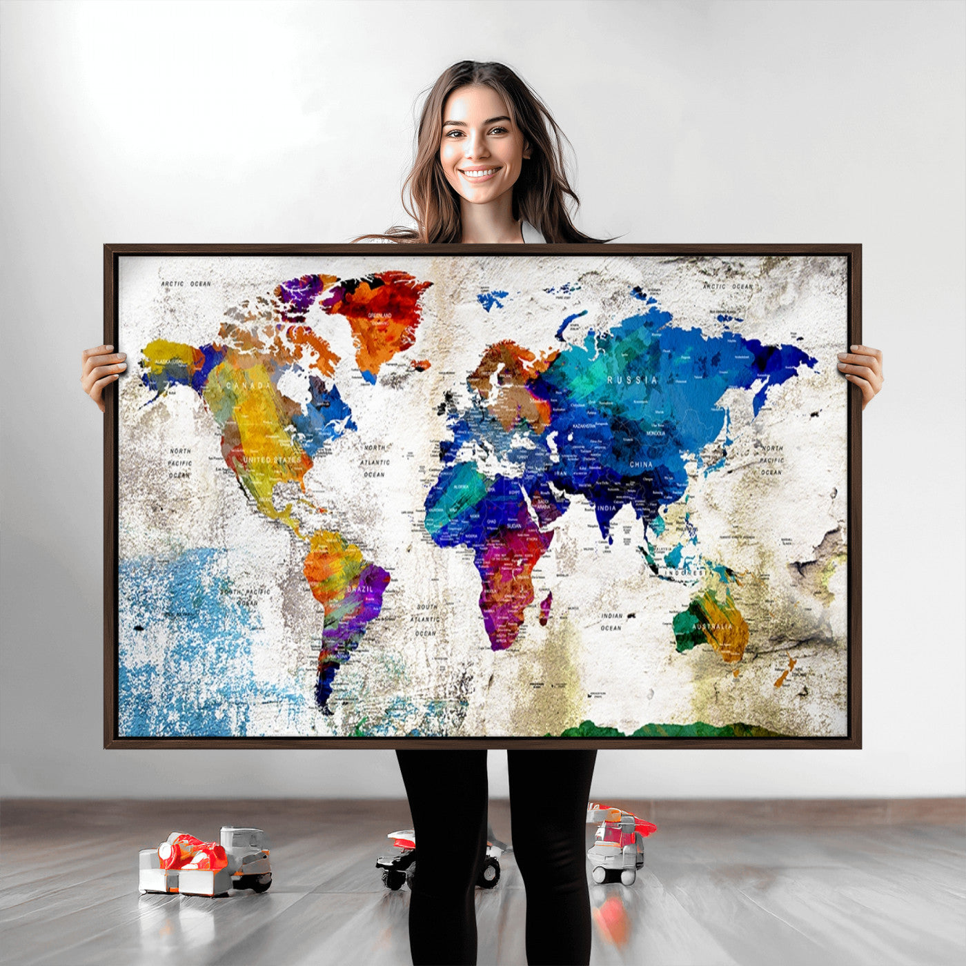 Push Pin World Map Canvas Print – Framed Wall Art for Couples to Track Their Travels – Anniversary Gift or Home Adventure Decor