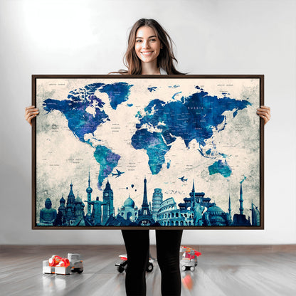 Navy Blue World Map Canvas Print, Wonder of World Map Push Pin Canvas Print