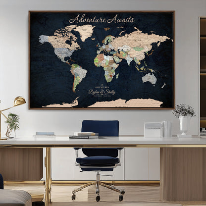 43186793-MGV-CV-30X20-Personalized World Map Print, Customizable Push Pin Framed World Map Print on Canvas - Custom Quote on Map Print