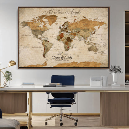 20810820-MGV-CV-30X20-Personalized World Map Print, Customizable Push Pin Framed World Map Print on Canvas - Custom Quote on Map Print