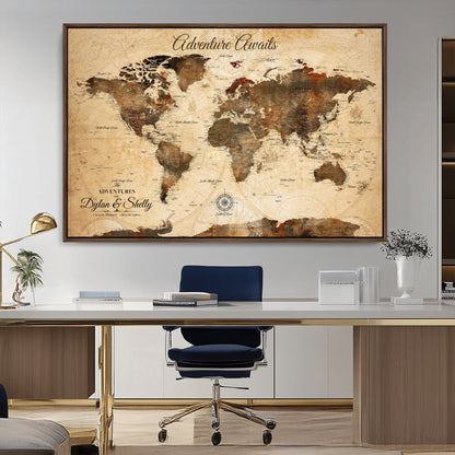 66357947-MGV-CV-36X24-Personalized World Map Print, Customizable Push Pin Framed World Map Print on Canvas - Custom Quote on Map Print
