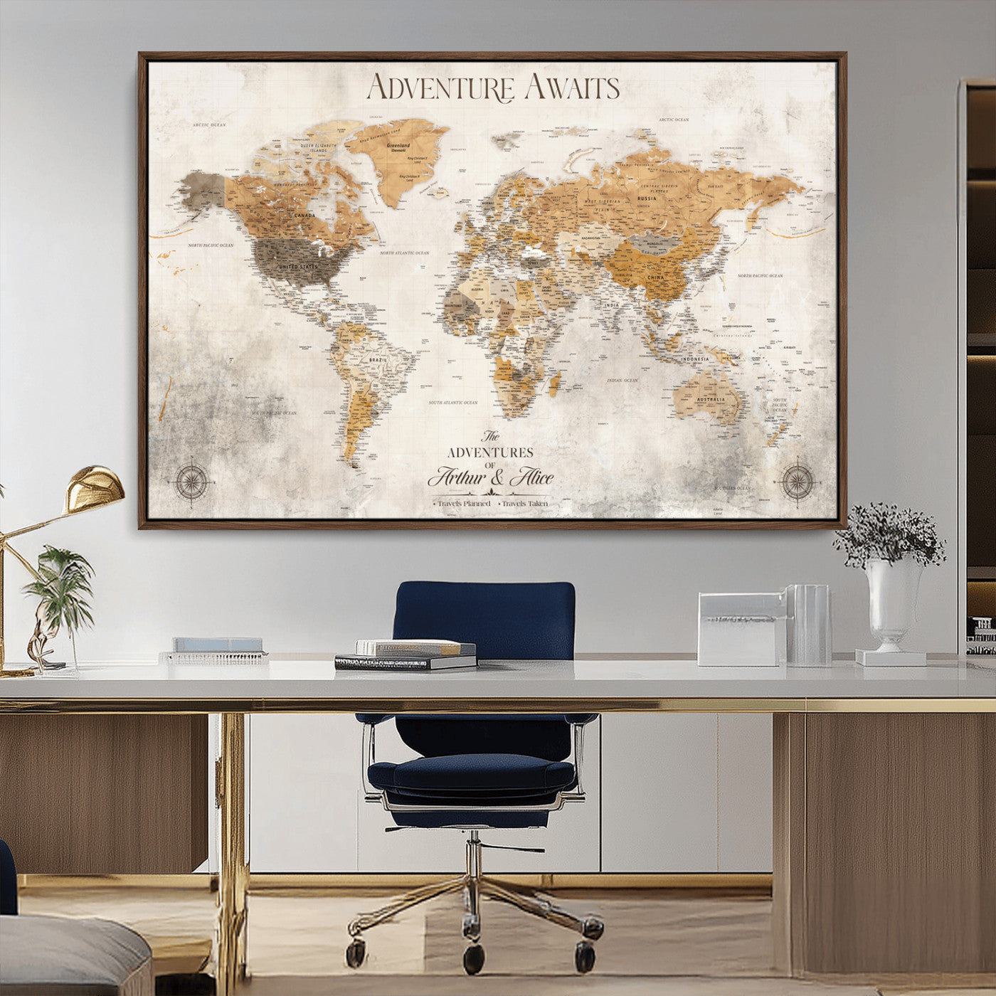 99422096-MGV-CV-30X20-Custom Push Pin World Map Wall Canvas Print – Personalized Travel Tracker with Pins – Framed Custom Quotie Canvas for Home Office Decor