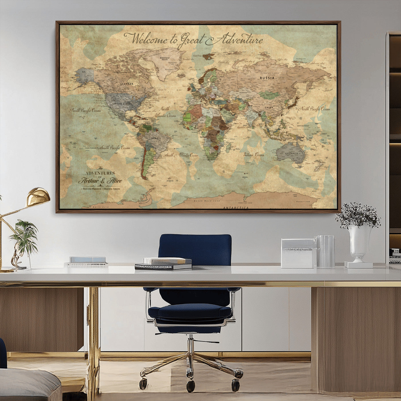 17693651-MGV-CV-36X24-Custom Push Pin World Map Wall Canvas Print – Personalized Travel Tracker with Pins – Framed Custom Quotie Canvas for Home Office Decor Art Print