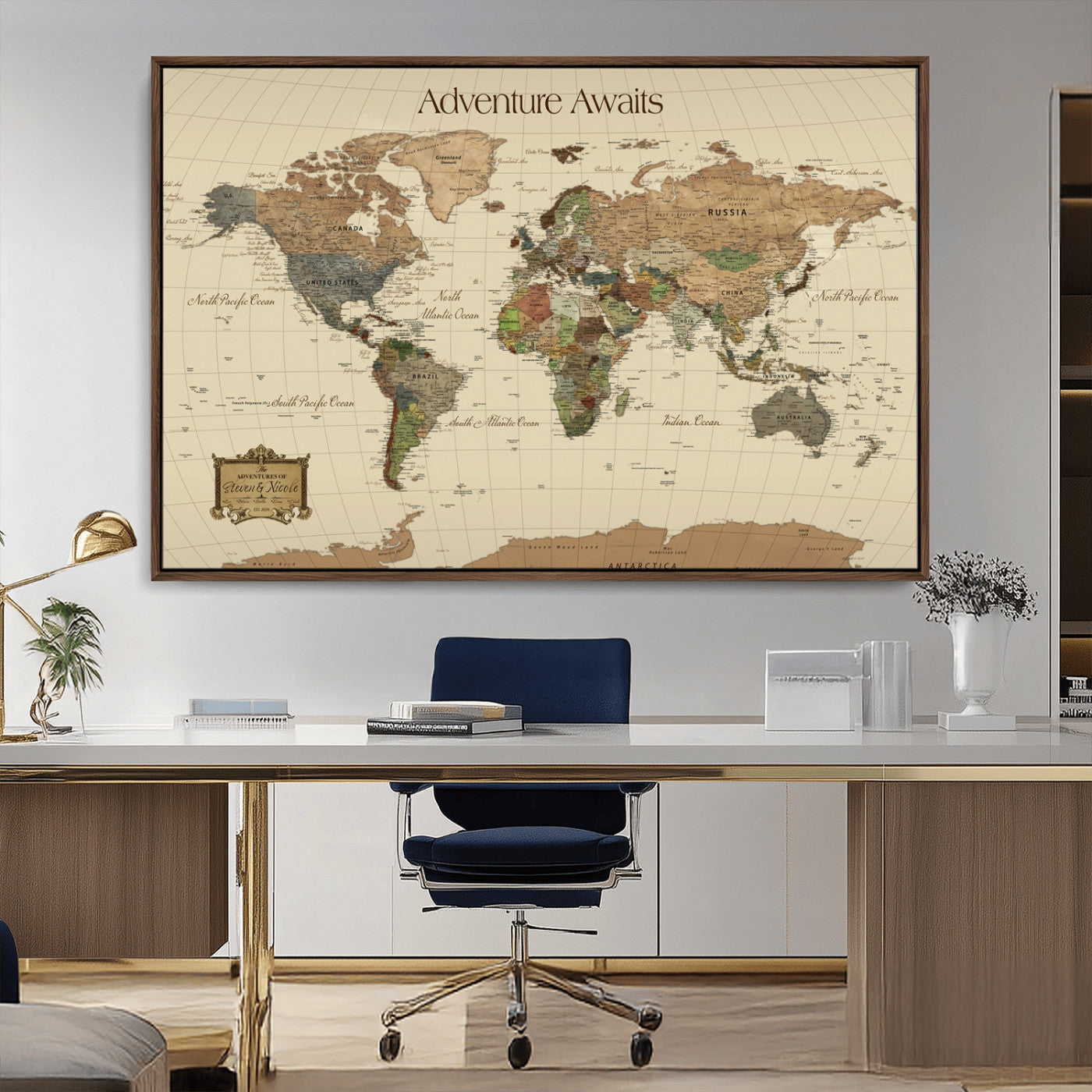 74480507-MGV-CV-36X24-Custom Push Pin World Map Wall Canvas Print – Personalized Travel Tracker with Pins – Framed Custom Quotie Canvas for Home Office Decoration