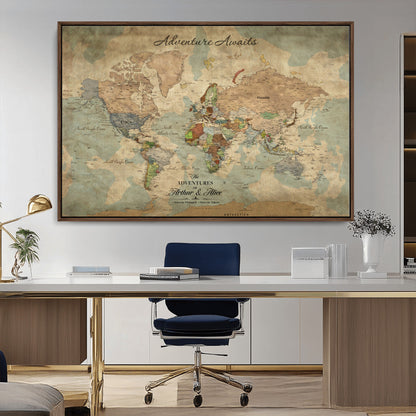 60798273-MGV-FC-30X20_Walnut-Custom Push Pin World Map Wall Canvas Print – Personalized Travel Tracker with Pins – Framed Custom Quotie Canvas for Home Office Decor
