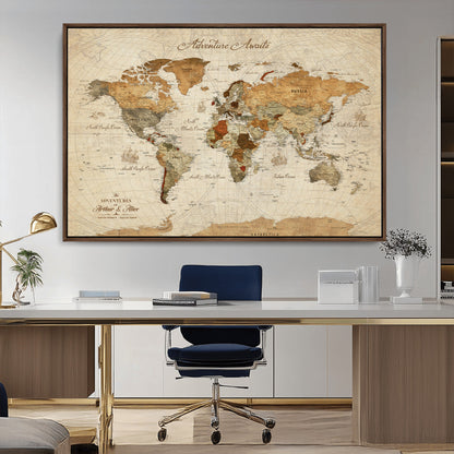 64295326-MGV-CV-30X20-Custom Push Pin World Map Wall Canvas Print – Personalized Travel Tracker with Pins – Framed Custom Quotie Canvas for Home Office Decor