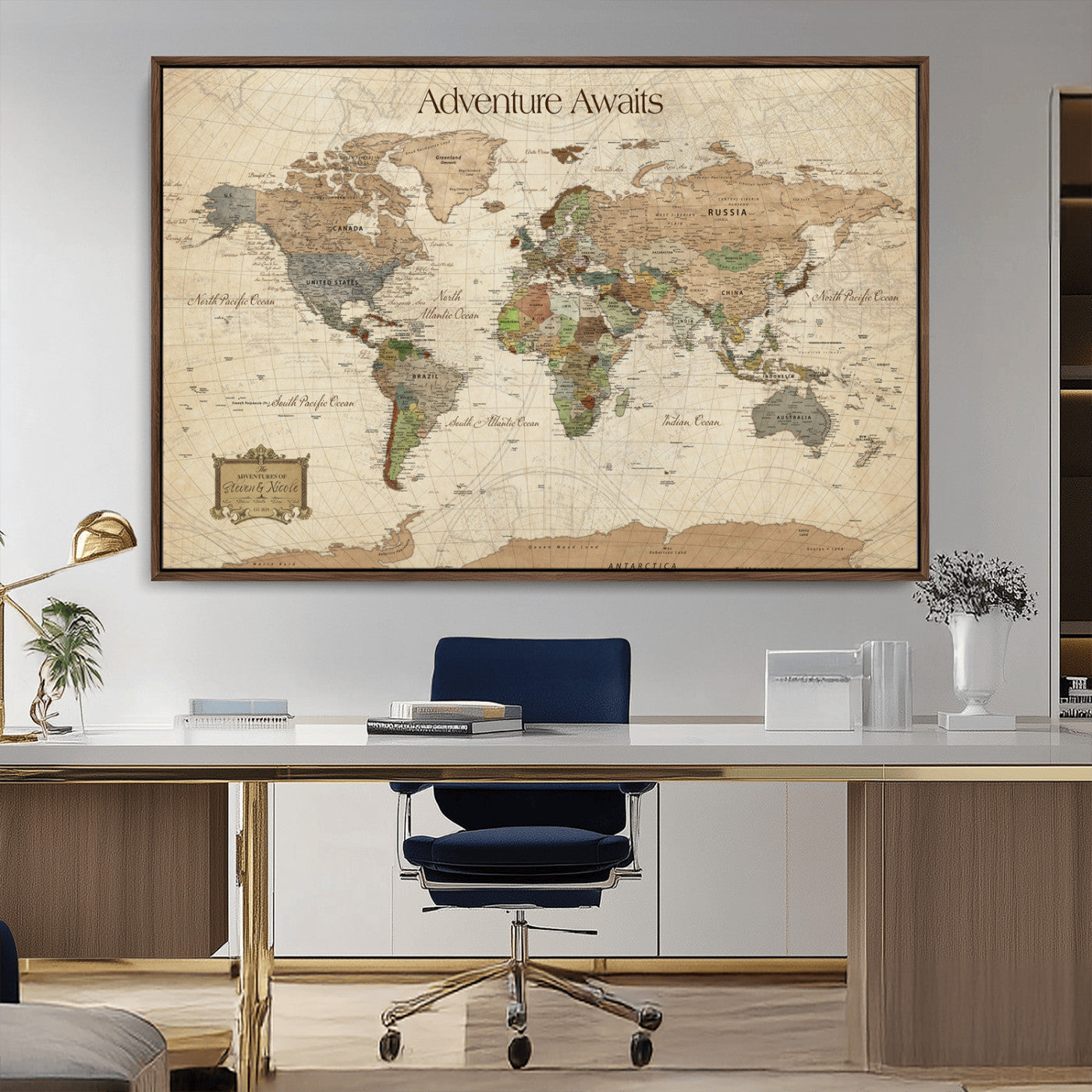 33020399-MGV-CV-30X20-Custom Push Pin World Map Wall Canvas Print – Personalized Travel Tracker with Pins – Framed Custom Quotie Canvas for Home Office Decor