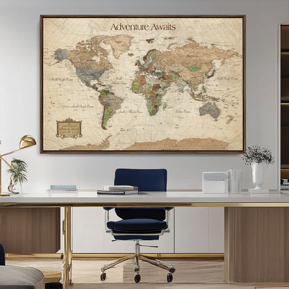 33020399-MGV-CV-30X20-Custom Push Pin World Map Wall Canvas Print – Personalized Travel Tracker with Pins – Framed Custom Quotie Canvas for Home Office Decor