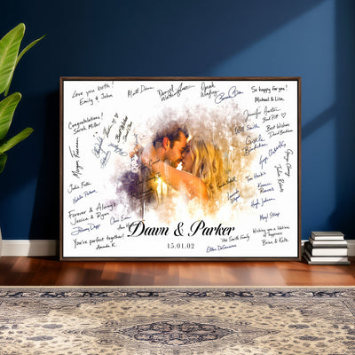 74713307-MGV-CV-36X24 - Wedding Guest Book Alternative Wall Art Canvas Print, Personalized Couple Photo Guestbook Wedding Signature Poster, Custom Couple Photo Guestbook Canvas, Bridal Shower Reception Decor