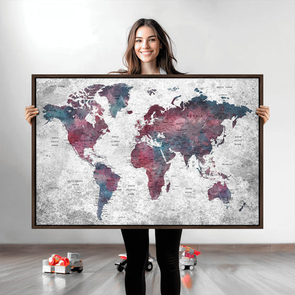 Push Pin World Map Canvas Print – Framed Wall Art for Couples to Track Their Travels – Anniversary Gift or Home Adventure Decor