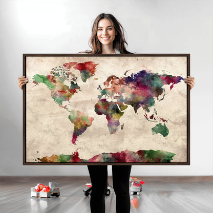 Push Pin World Map Canvas Print – Framed Wall Art for Couples to Track Their Travels – Anniversary Gift or Home Adventure Decor