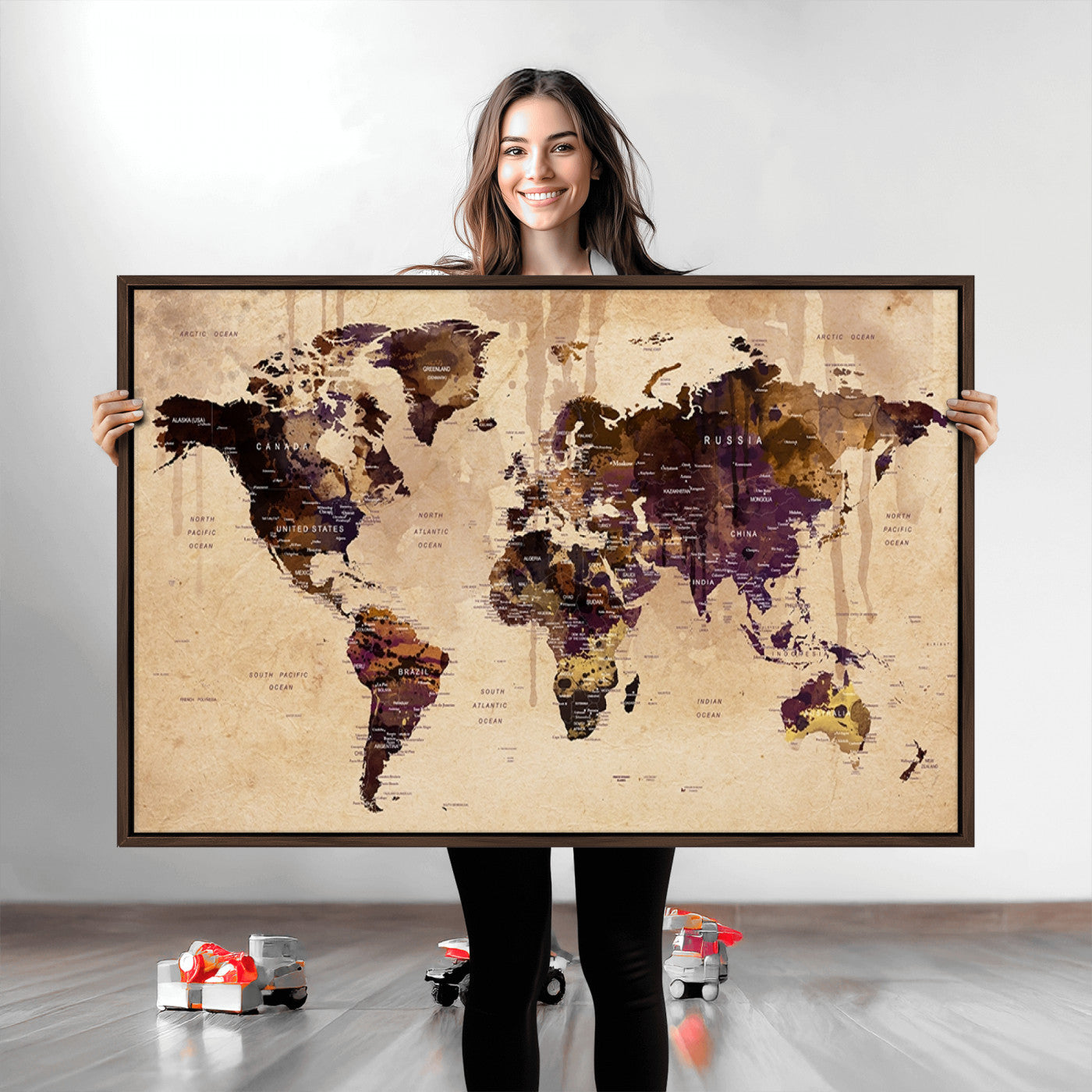 Push Pin World Map Canvas Print – Framed Wall Art for Couples to Track Their Travels – Anniversary Gift or Home Adventure Decor