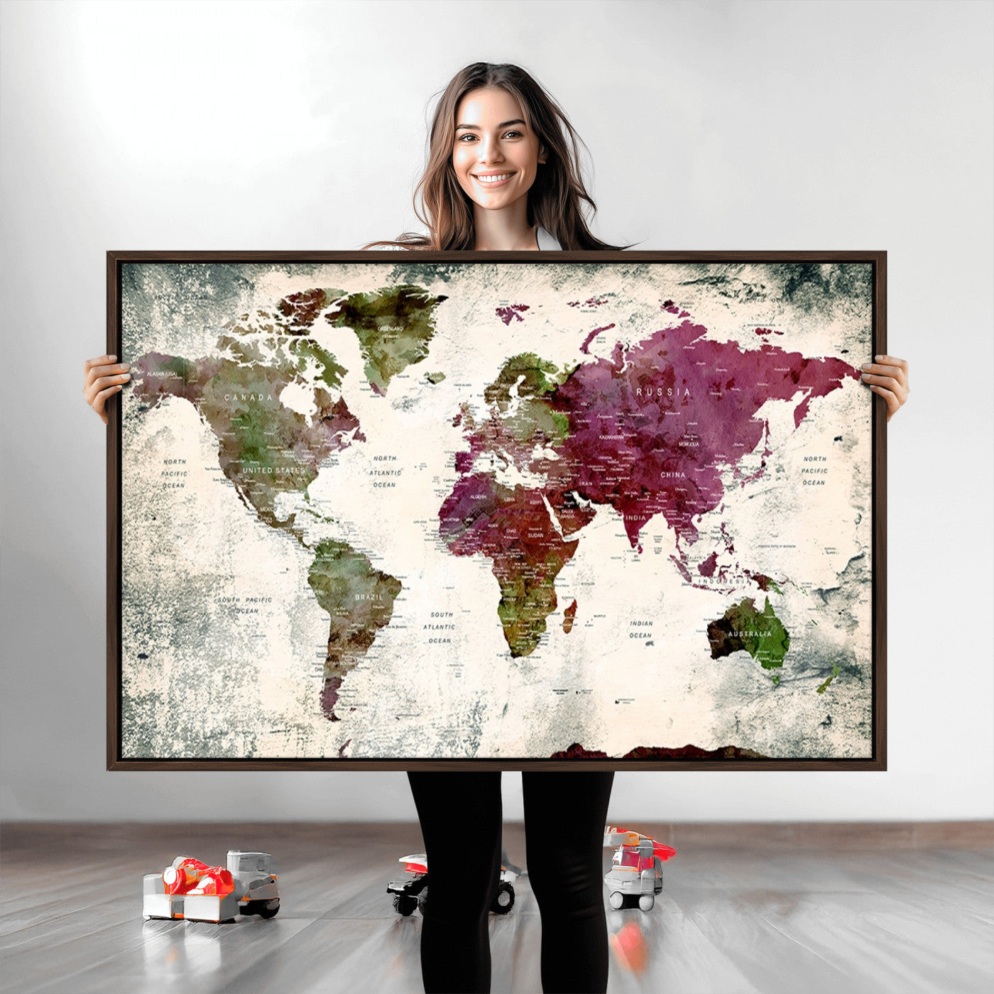 Push Pin World Map Canvas Print – Framed Wall Art for Couples to Track Their Travels – Anniversary Gift or Home Adventure Decor