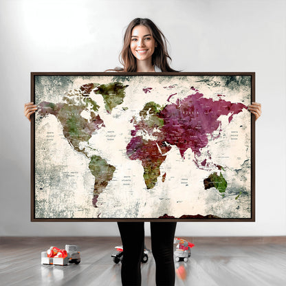 Push Pin World Map Canvas Print – Framed Wall Art for Couples to Track Their Travels – Anniversary Gift or Home Adventure Decor