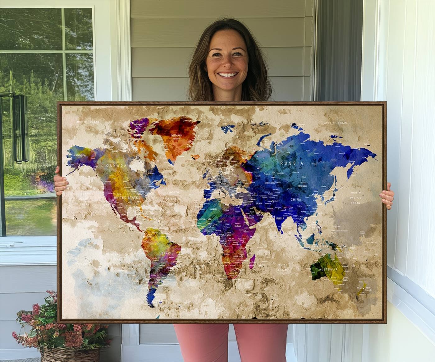 92939-MGV-CV-36X24-Watercolor World Map Canvas Print World Map Wall Art Great Design Great Gift Idea