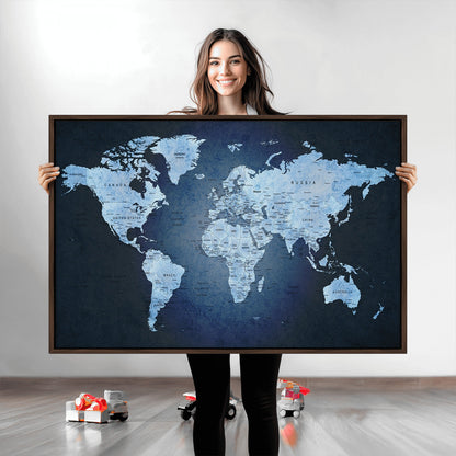 Push Pin World Map Canvas Print – Framed Wall Art for Couples to Track Their Travels – Anniversary Gift or Home Adventure Decor