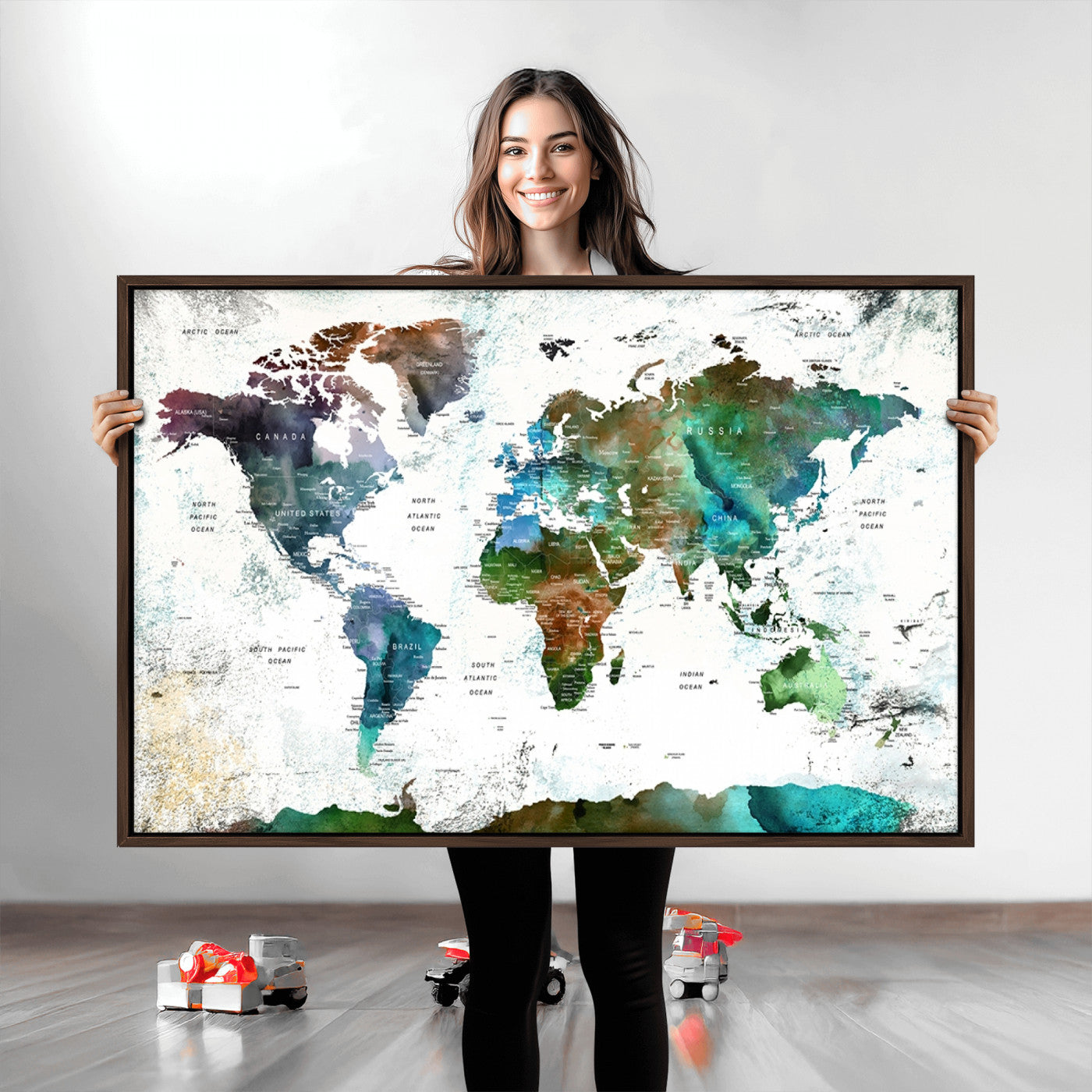 Push Pin World Map Canvas Print – Framed Wall Art for Couples to Track Their Travels – Anniversary Gift or Home Adventure Decor