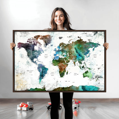 Push Pin World Map Canvas Print – Framed Wall Art for Couples to Track Their Travels – Anniversary Gift or Home Adventure Decor