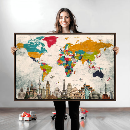 Push Pin World Map Canvas Print – Framed Wall Art for Couples to Track Their Travels – Anniversary Gift or Home Adventure Decor