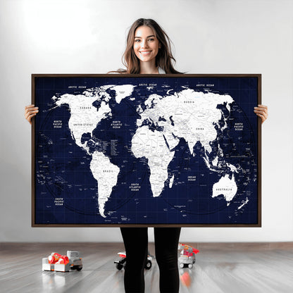Push Pin World Map Canvas Print – Framed Wall Art for Couples to Track Their Travels – Anniversary Gift or Home Adventure Decor