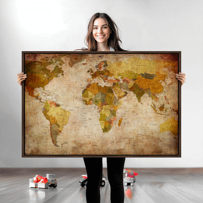 Push Pin World Map Canvas Print – Framed Wall Art for Couples to Track Their Travels – Anniversary Gift or Home Adventure Decor
