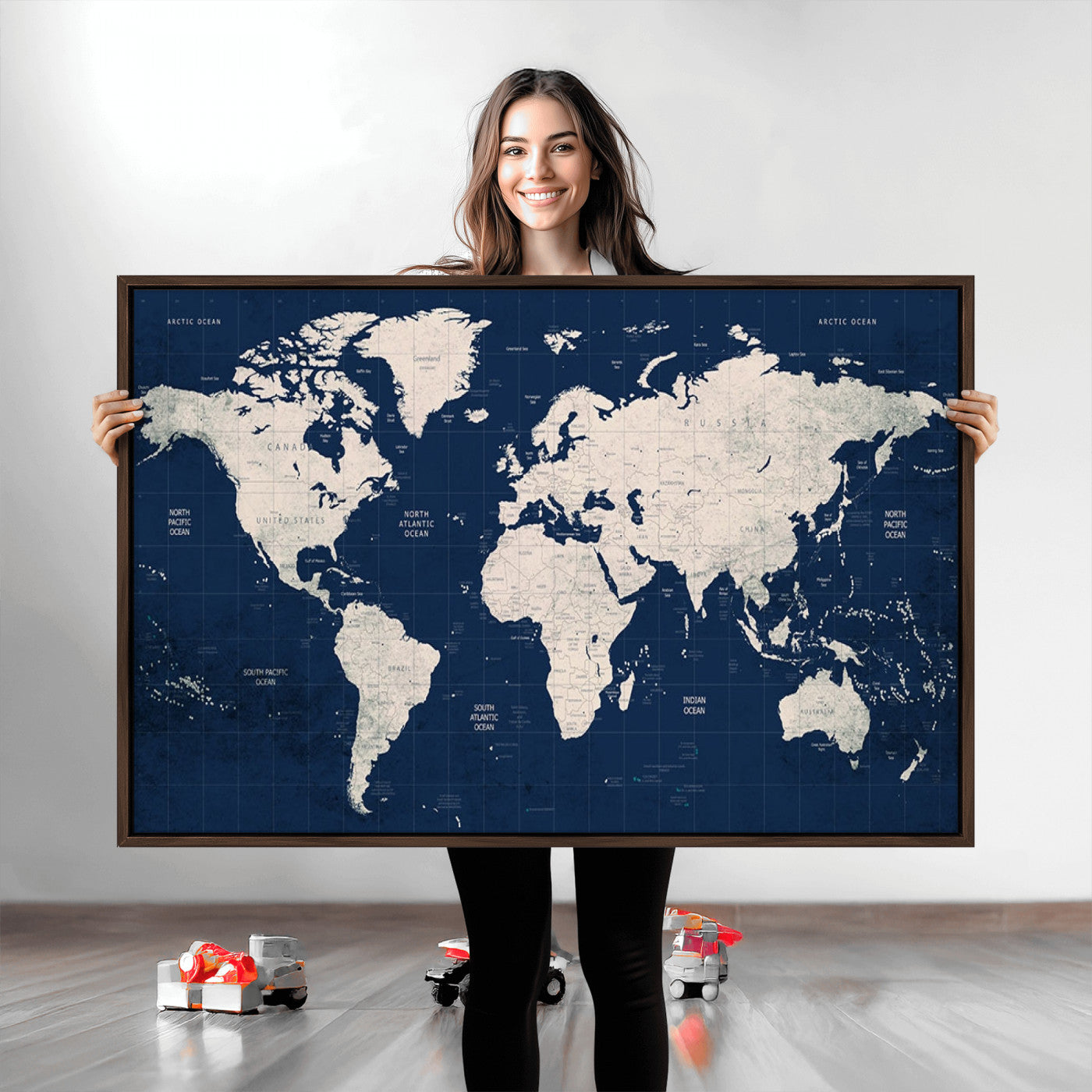 Push Pin World Map Canvas Print – Framed Wall Art for Couples to Track Their Travels – Anniversary Gift or Home Adventure Decor