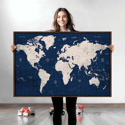 Push Pin World Map Canvas Print – Framed Wall Art for Couples to Track Their Travels – Anniversary Gift or Home Adventure Decor