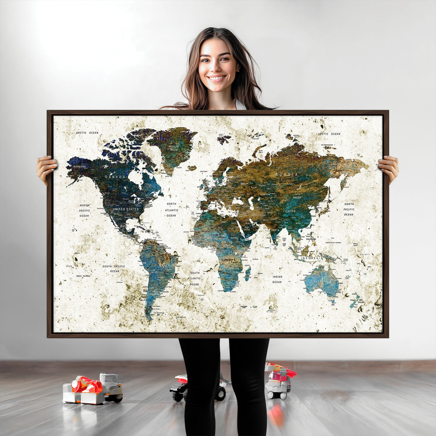 Vintage World Map Wall Art Canvas Print, Framed Rustic Earth Map Art Picture Print, Antique Map Perfect Rustic Vintage Decor Artwork
