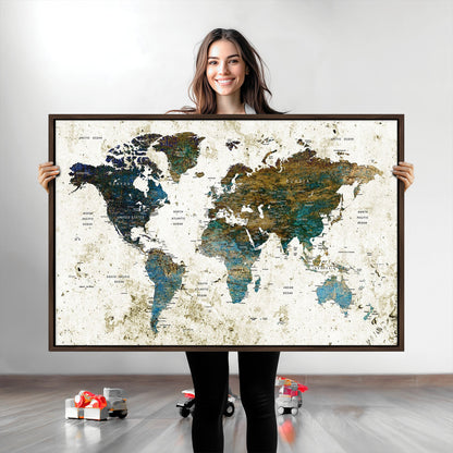 Vintage World Map Wall Art Canvas Print, Framed Rustic Earth Map Art Picture Print, Antique Map Perfect Rustic Vintage Decor Artwork