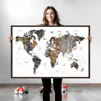 Push Pin World Map Canvas Print – Framed Wall Art for Couples to Track Their Travels – Anniversary Gift or Home Adventure Decor