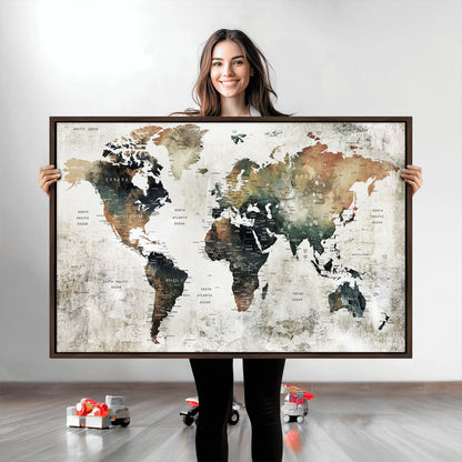 Push Pin World Map Canvas Print – Framed Wall Art for Couples to Track Their Travels – Anniversary Gift or Home Adventure Decor