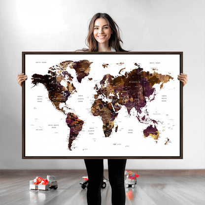 Push Pin World Map Canvas Print – Framed Wall Art for Couples to Track Their Travels – Anniversary Gift or Home Adventure Decor