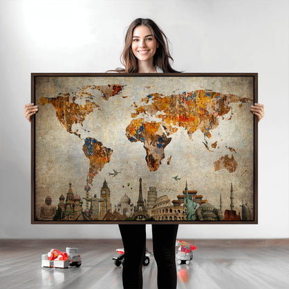 Push Pin World Map Canvas Print – Framed Wall Art for Couples to Track Their Travels – Anniversary Gift or Home Adventure Decor