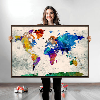Push Pin World Map Canvas Print – Framed Wall Art for Couples to Track Their Travels – Anniversary Gift or Home Adventure Decor