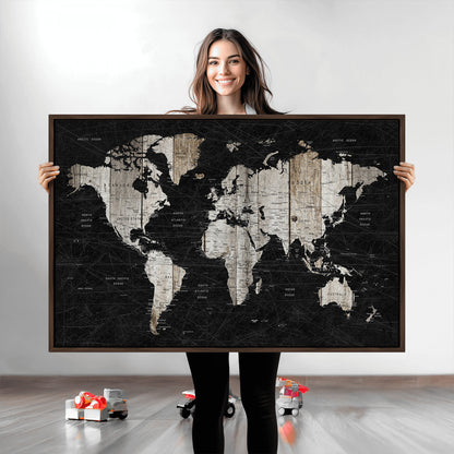 Push Pin World Map Canvas Print – Framed Wall Art for Couples to Track Their Travels – Anniversary Gift or Home Adventure Decor