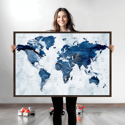 Push Pin World Map Canvas Print – Framed Wall Art for Couples to Track Their Travels – Anniversary Gift or Home Adventure Decor