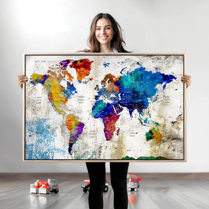 Push Pin World Map Canvas Print – Framed Wall Art for Couples to Track Their Travels – Anniversary Gift or Home Adventure Decor
