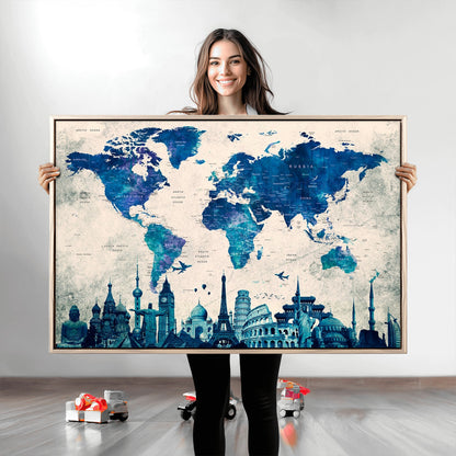 Navy Blue World Map Canvas Print, Wonder of World Map Push Pin Canvas Print