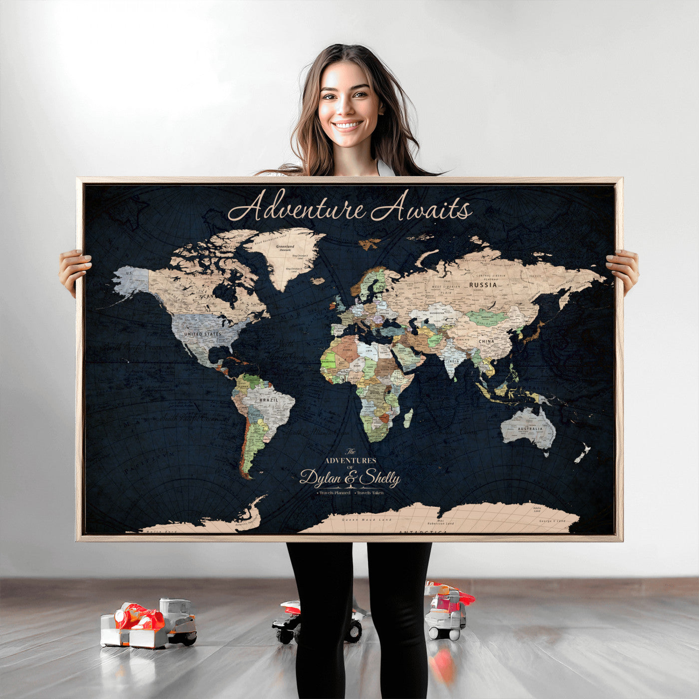 43186793-MGV-CV-30X20-Personalized World Map Print, Customizable Push Pin Framed World Map Print on Canvas - Custom Quote on Map Print
