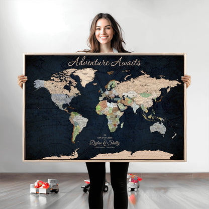 43186793-MGV-CV-30X20-Personalized World Map Print, Customizable Push Pin Framed World Map Print on Canvas - Custom Quote on Map Print