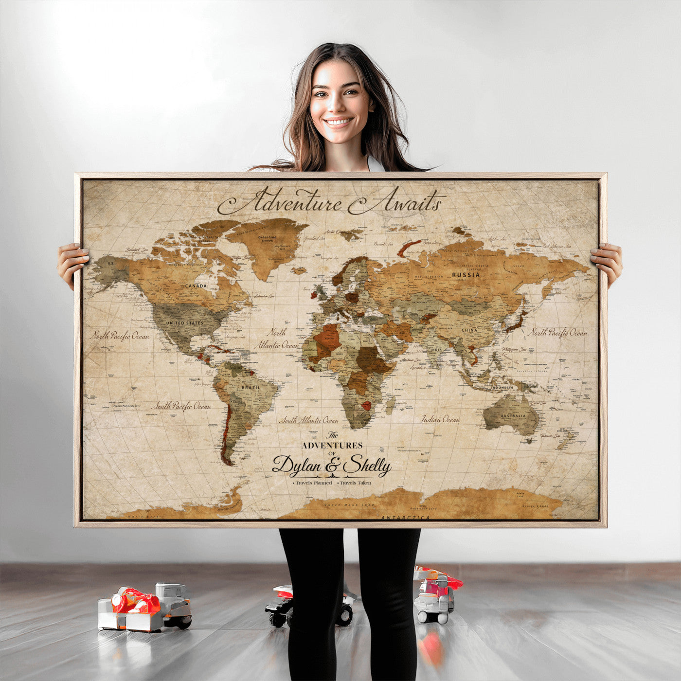 20810820-MGV-CV-30X20-Personalized World Map Print, Customizable Push Pin Framed World Map Print on Canvas - Custom Quote on Map Print