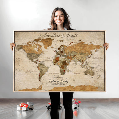 20810820-MGV-CV-30X20-Personalized World Map Print, Customizable Push Pin Framed World Map Print on Canvas - Custom Quote on Map Print