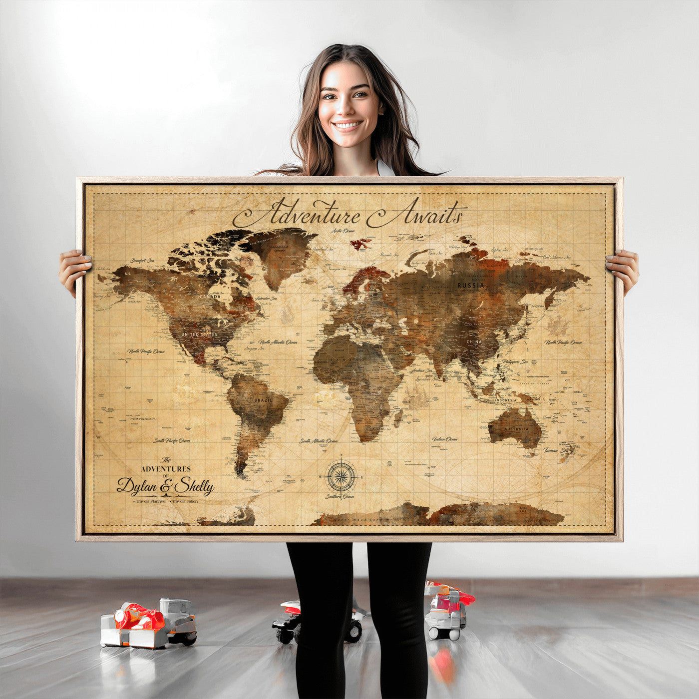 57497711-MGV-CV-36X24-Personalized World Map Canvas Print - Customizable Push Pin Framed World Map Print on Canvas - Custom Quote on Map Print