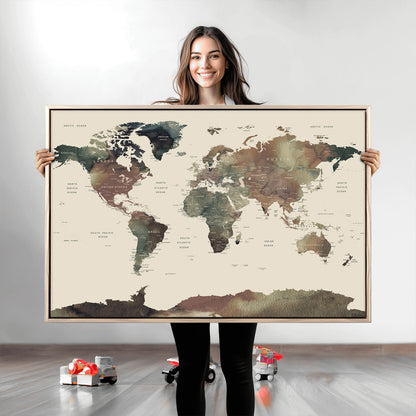Push Pin World Map Canvas Print – Framed Wall Art for Couples to Track Their Travels – Anniversary Gift or Home Adventure Decor