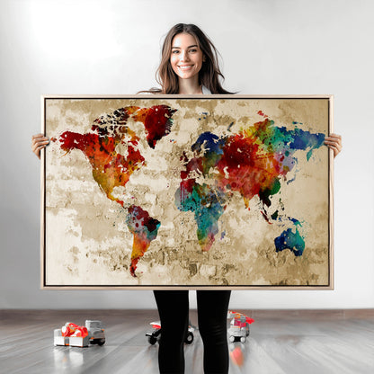 Push Pin World Map Canvas Print – Framed Wall Art for Couples to Track Their Travels – Anniversary Gift or Home Adventure Decor