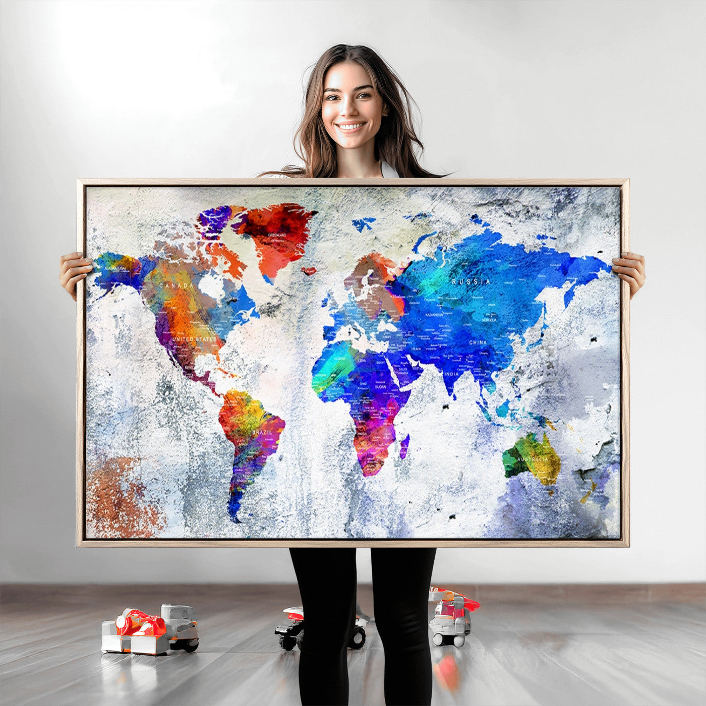 Push Pin World Map Canvas Print – Framed Wall Art for Couples to Track Their Travels – Anniversary Gift or Home Adventure Decor