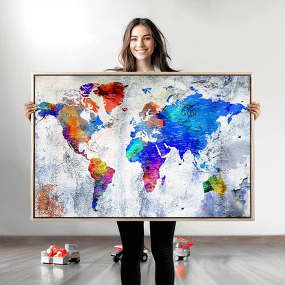 Push Pin World Map Canvas Print – Framed Wall Art for Couples to Track Their Travels – Anniversary Gift or Home Adventure Decor