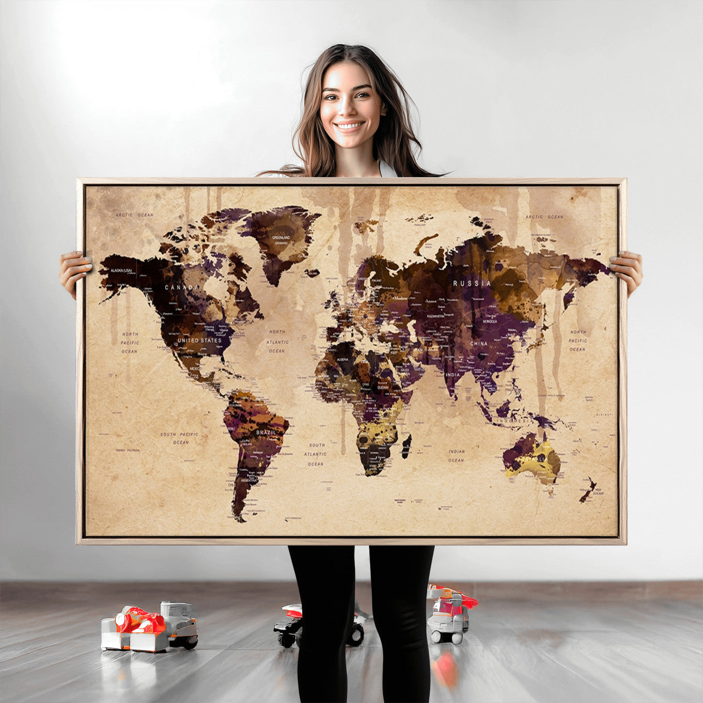Push Pin World Map Canvas Print – Framed Wall Art for Couples to Track Their Travels – Anniversary Gift or Home Adventure Decor