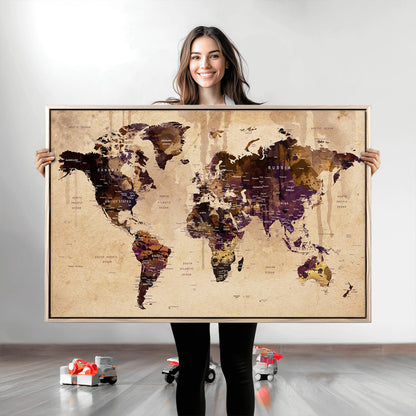 Push Pin World Map Canvas Print – Framed Wall Art for Couples to Track Their Travels – Anniversary Gift or Home Adventure Decor